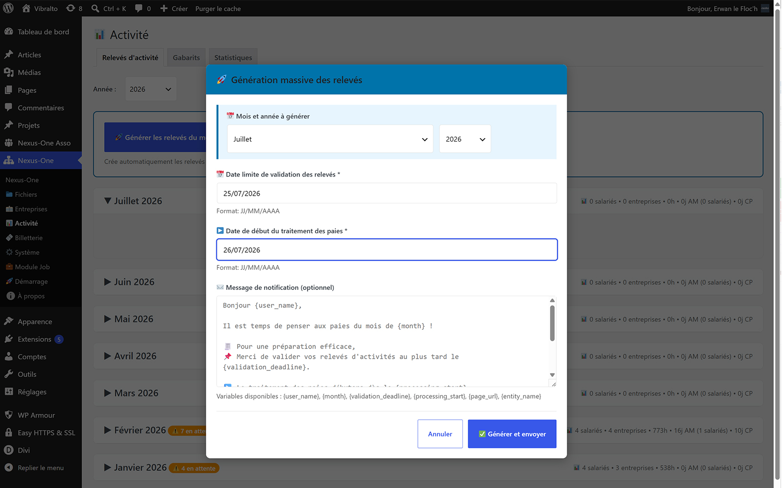 Génération en lot des relevés mensuels d'activité pour toutes ou partie des entreprises