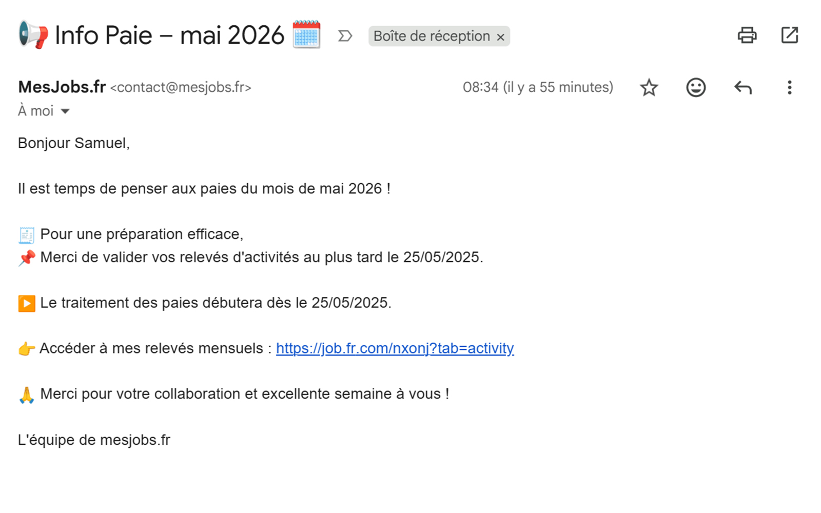 Mail d'appel à saisir les informations mensuelles — activities
