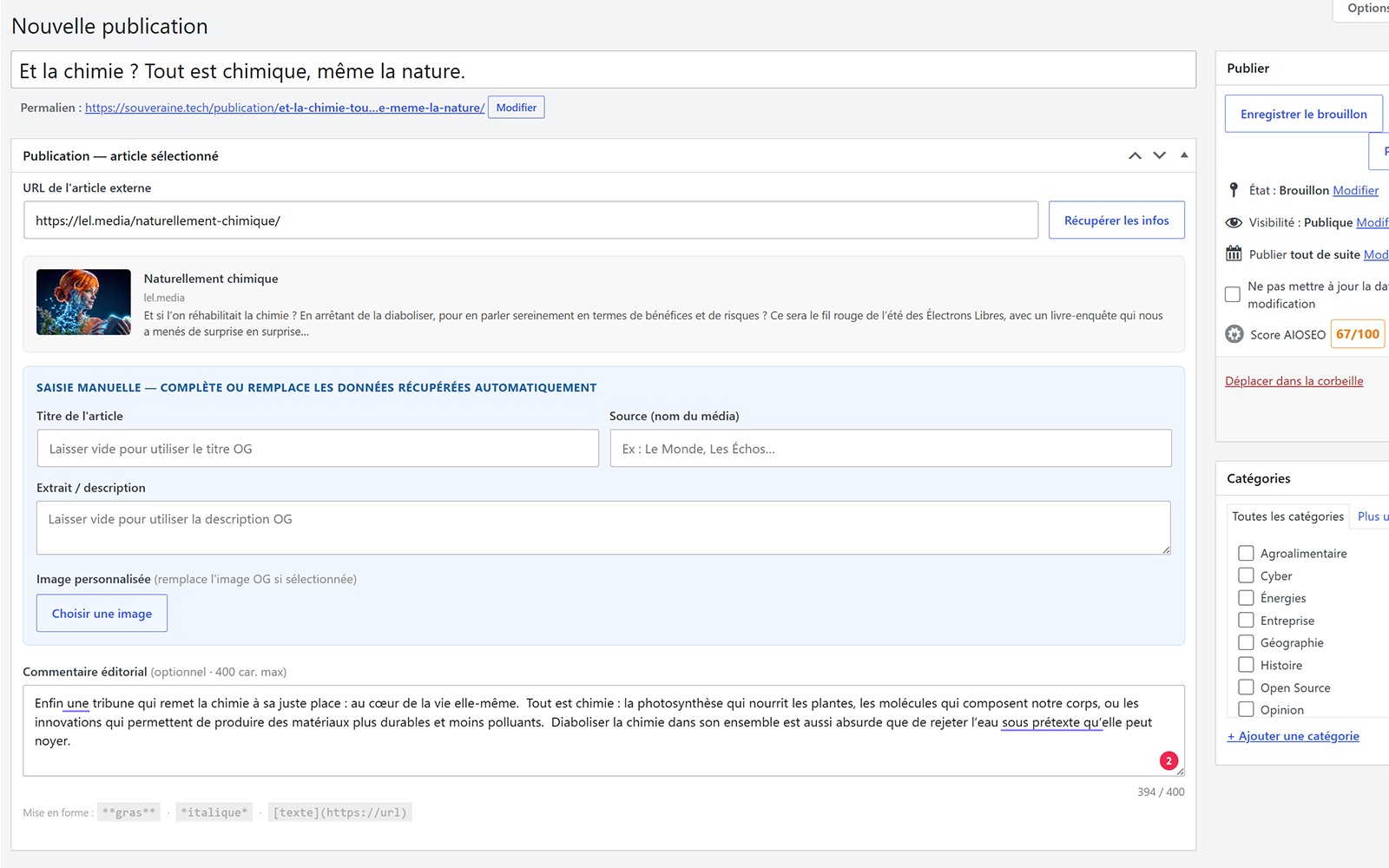 Saisie d'une actualité ou d'information, récupération des informations, rédaction du commentaire éditorial. — agora