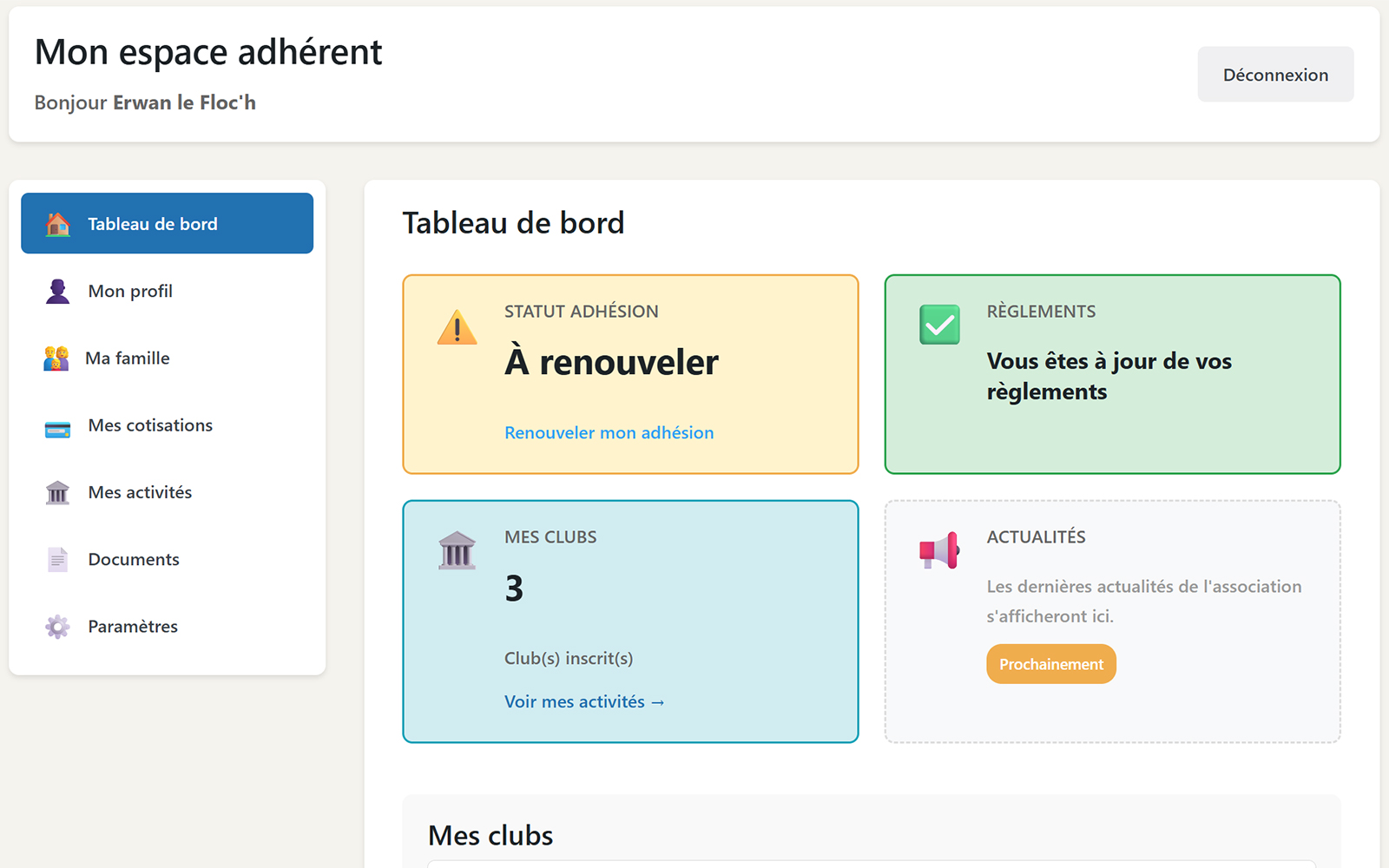 Espace personnel de l'adhérent — asso
