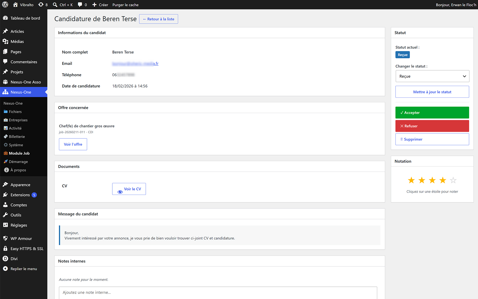 Visualisation et traitement d'une candidature — job